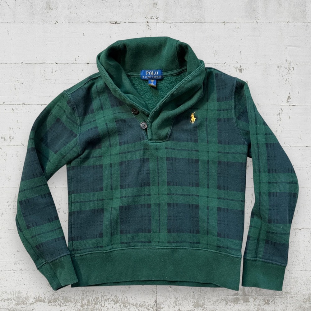 Polo Ralph Lauren Sweater Boys S (8) Green Blue Tartan Plaid Shawl Collar